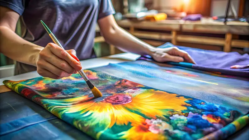 ai generated fabric painting vibrant floral design being meticulously painted onto artist process image showcases s 373534412